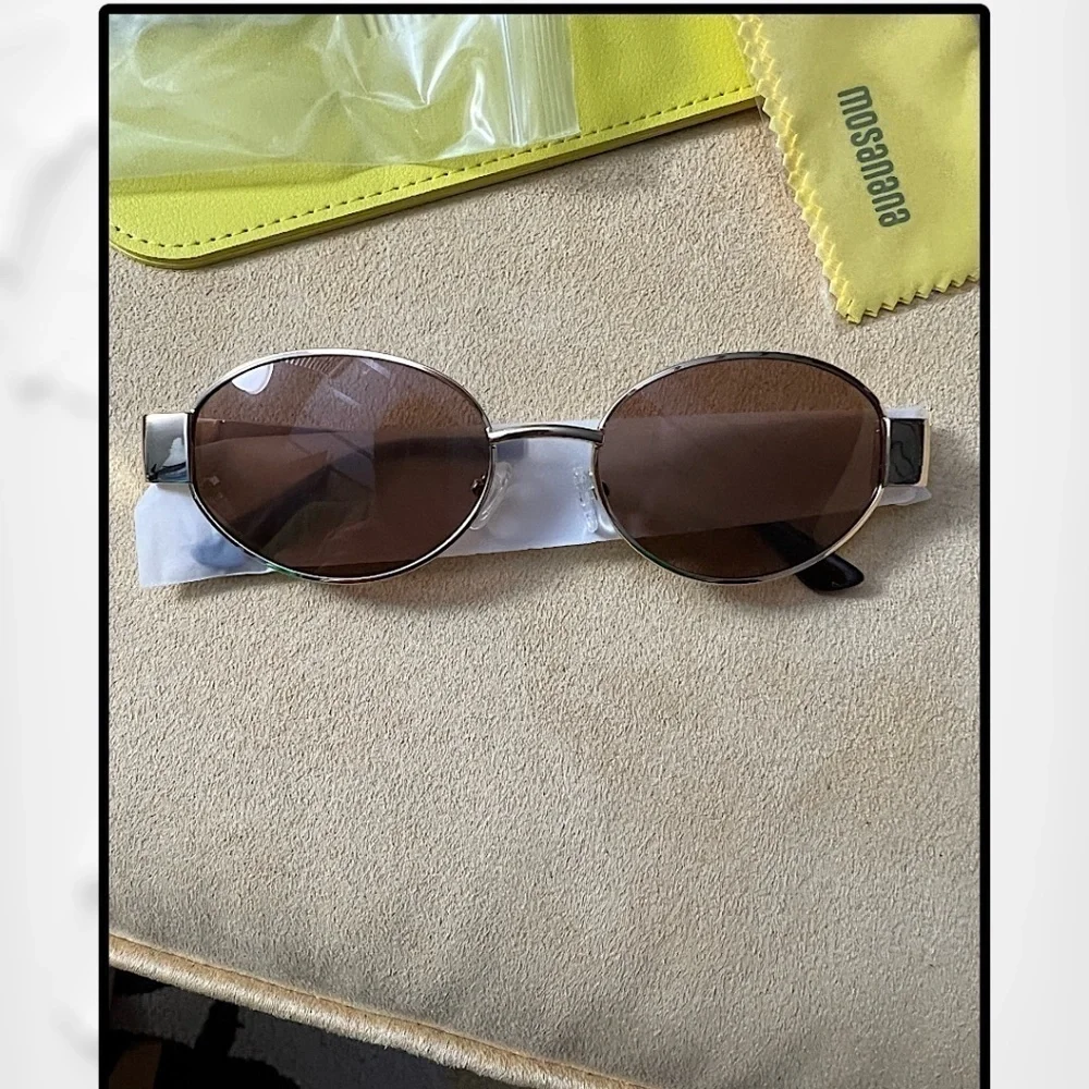 Retro Oval Shiny Gold Metal Brown Tinted Sunglasses NWT